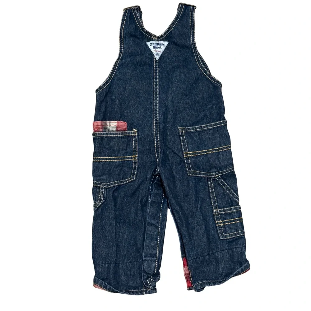 OshKosh Bgosh Baby Denim Overalls Plaid Flannel Lined Reindeer Patch 6 Months